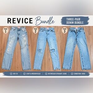 REVICE Bundle Three-Pair Women’s Light & Medium Blue Distressed Straight Jeans